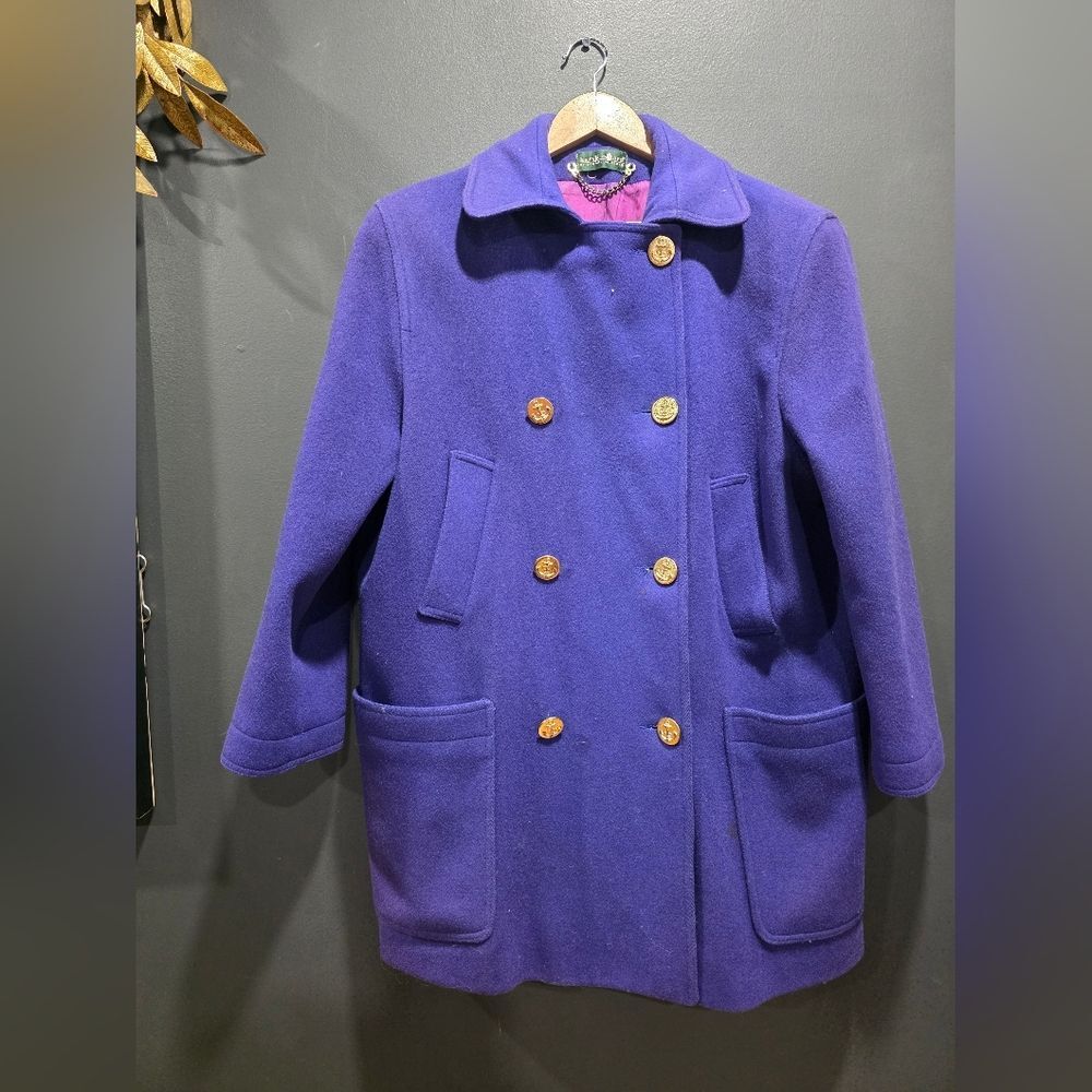 Purple Double Breasted Wool Blend Pea Coat Gold Anchor Buttons Harve Benard Vtg